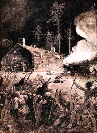 Indian attack on settlers log cabin