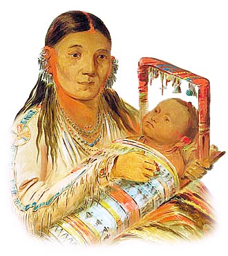 Iroquois woman with baby in cradle
