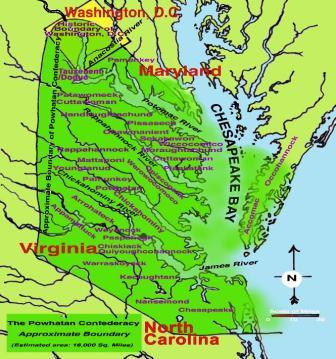 Map of Powhatan Confederacy territory and the location of each of the tribes