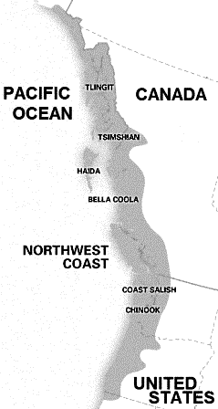 Map showing locations of Northwest Coast Native Indian Tribes