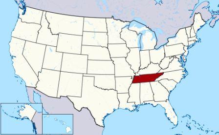 State Map showing location of Tennessee