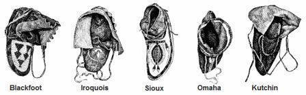Styles and designs of moccasins worn by the Blackfoot, Iroquois, Sioux, Omaha and Iroquois Native American tribes